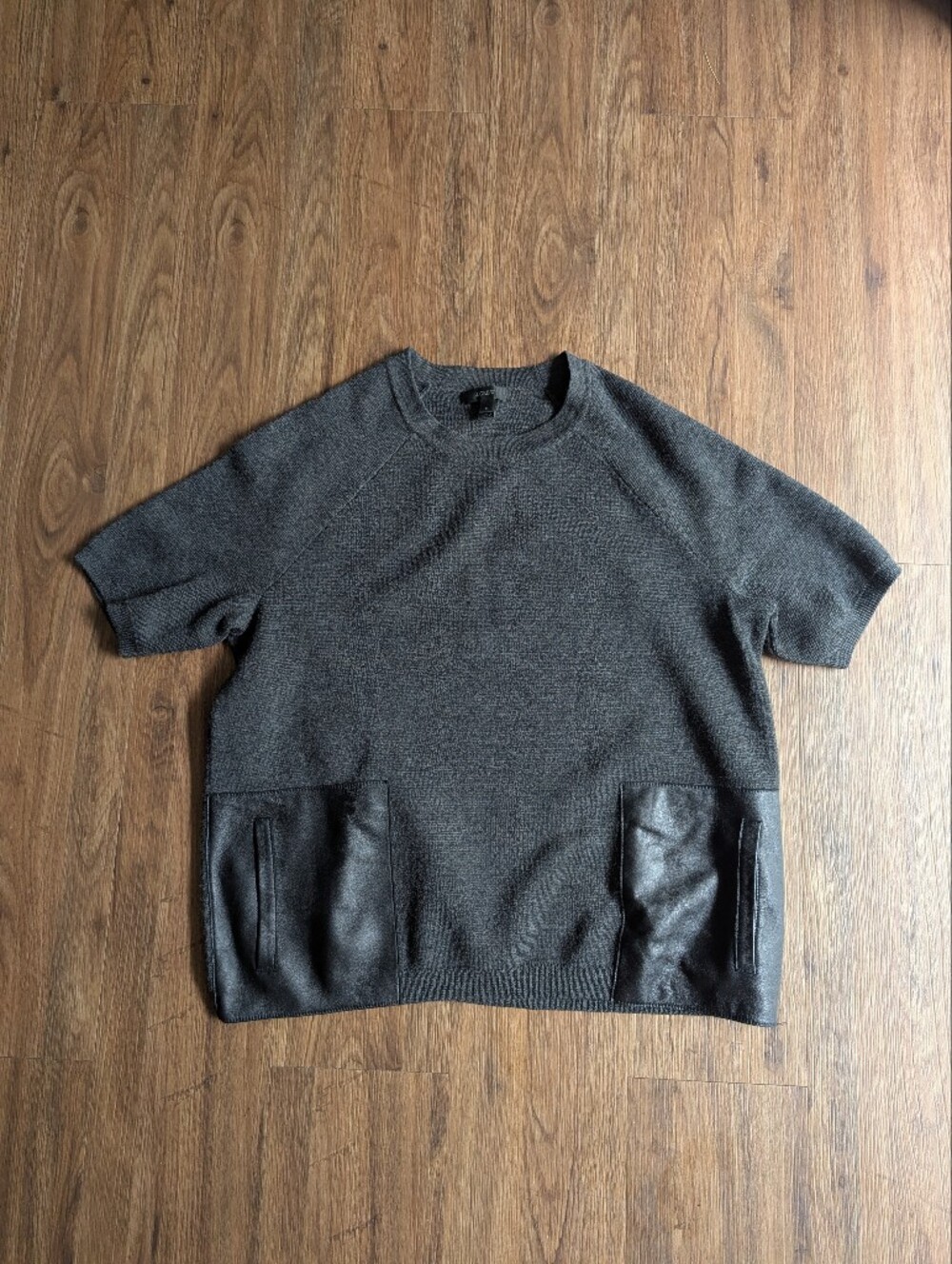 J. Crew Charcoal Short-Sleeve Merino Wool Sweater with Leather Pockets Sz S